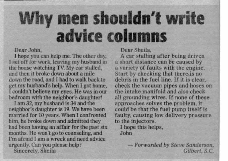 Why men should not write advice columns